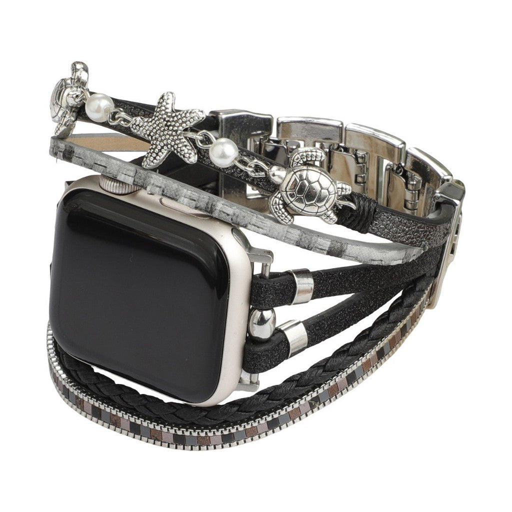 Correa Apple Watch multihilo, charms de tortuga y estrella de mar, perlas, modelo Akuna