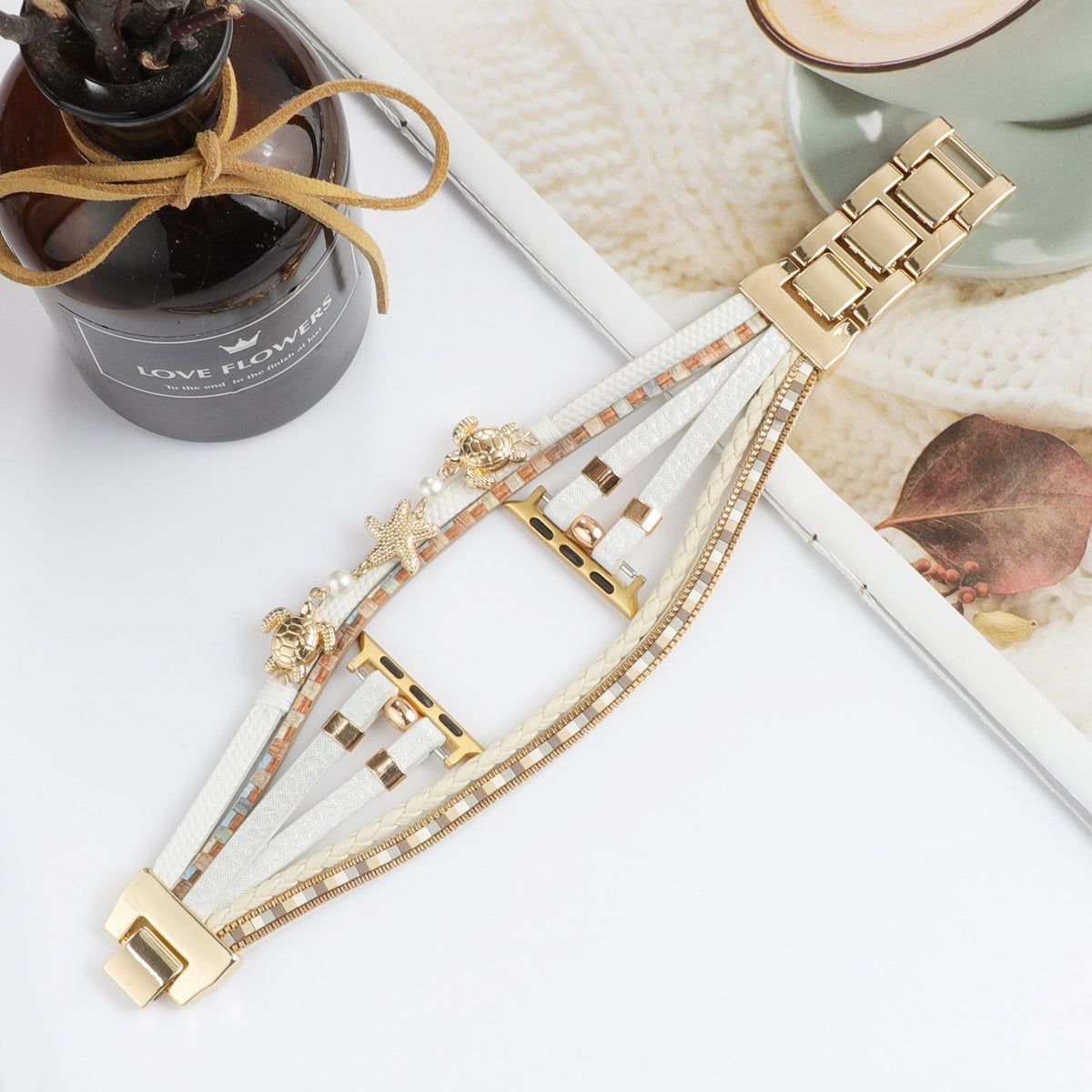 Correa Apple Watch multihilo, charms de tortuga y estrella de mar, perlas, modelo Akuna