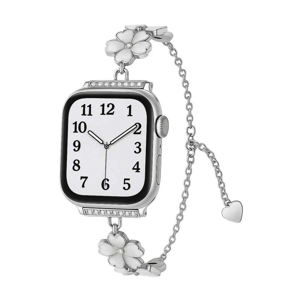 Correa de cadena con flores de cerezo esmaltadas para Apple Watch, colgante de corazón, modelo Sakura