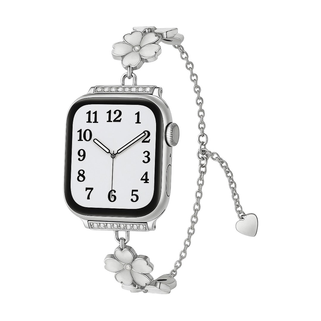 Correa de cadena con flores de cerezo esmaltadas para Apple Watch, colgante de corazón, modelo Sakura