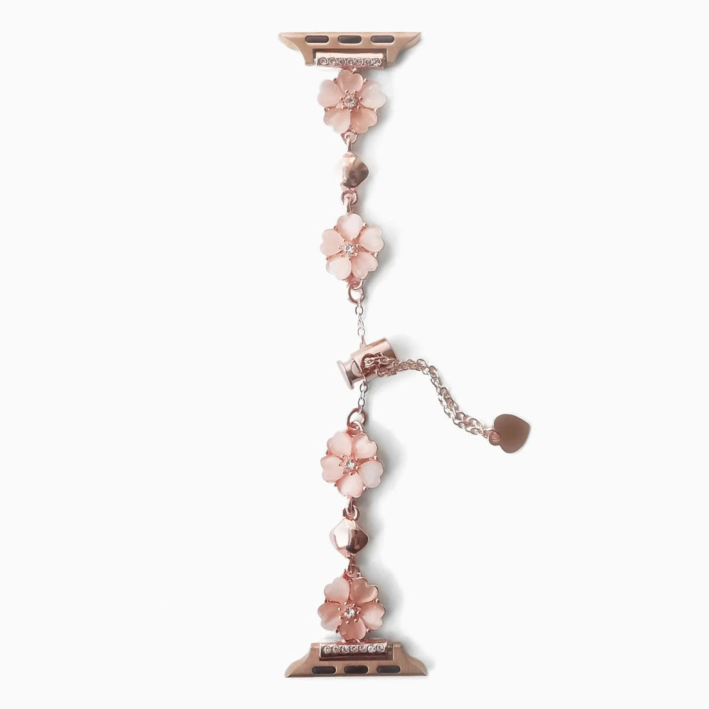 Correa de cadena con flores de cerezo esmaltadas para Apple Watch, colgante de corazón, modelo Sakura