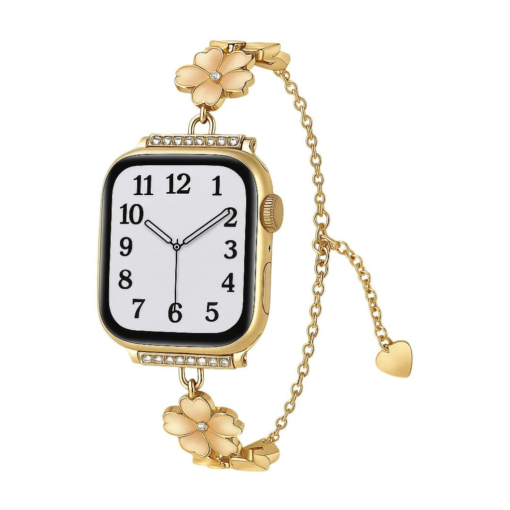 Correa de cadena con flores de cerezo esmaltadas para Apple Watch, colgante de corazón, modelo Sakura