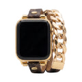 Pulsera compatible con Apple Watch, doble vuelta marrón con motivo, cadena cubana dorada, cierre ajustable, modelo Harmania