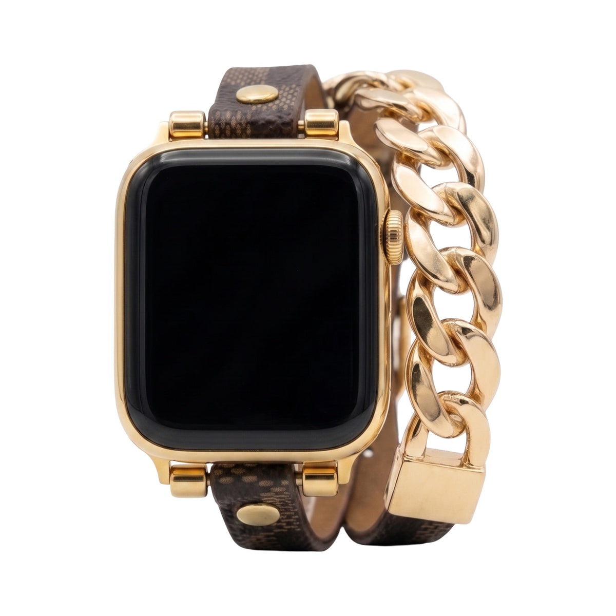 Pulsera compatible con Apple Watch, doble vuelta marrón con motivo, cadena cubana dorada, cierre ajustable, modelo Harmania