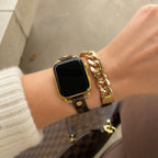 Pulsera compatible con Apple Watch, doble vuelta marrón con motivo, cadena cubana dorada, cierre ajustable, modelo Harmania