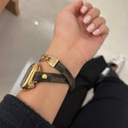 Pulsera compatible con Apple Watch, doble vuelta marrón con motivo, cadena cubana dorada, cierre ajustable, modelo Harmania