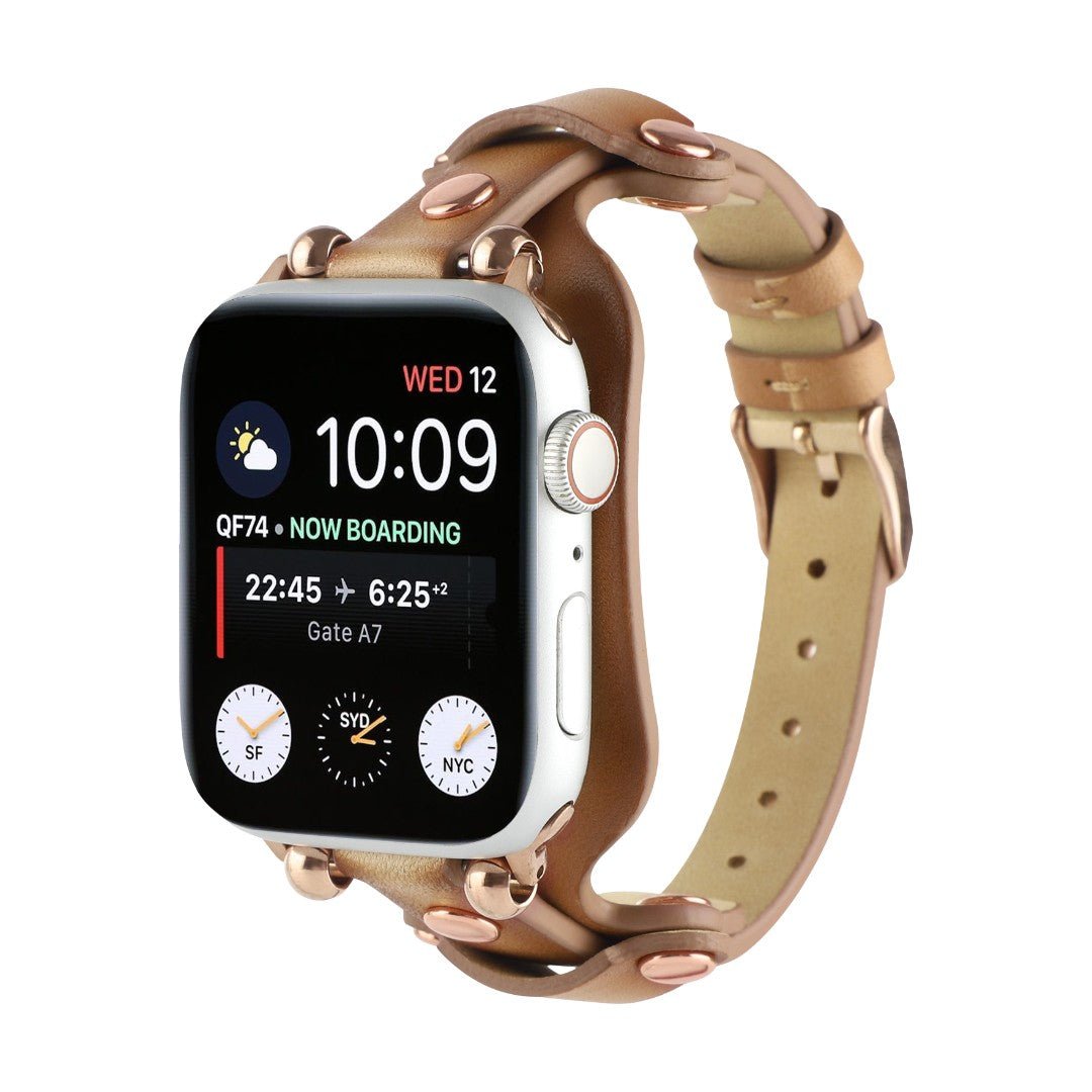 Correa Apple Watch tipo brazalete con remaches, hebilla de espiga, diseño moderno, modelo Riveira