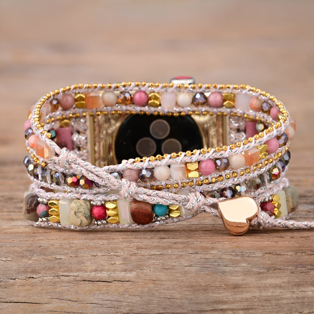 Correa Apple Watch multihilo, cuentas y cristales, dije de corazón, para mujer, modelo Jorah