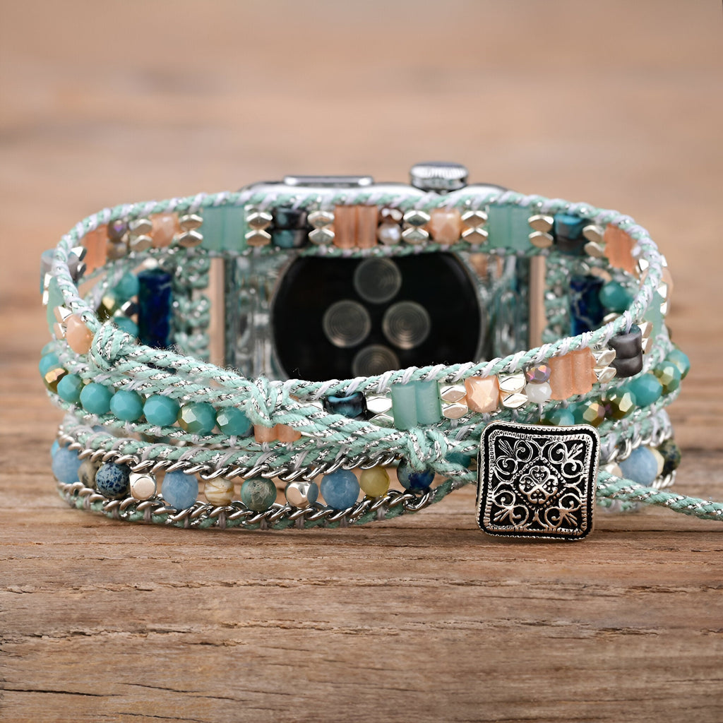 Correa Apple Watch bohemia multihilo, piedras y cuentas trenzadas, para mujer, modelo Nexa