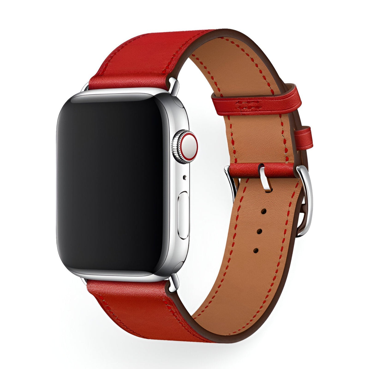 Correa de Apple Watch en piel de becerro afelpada, costuras a contraste, cierre de hebilla, modelo Krynn