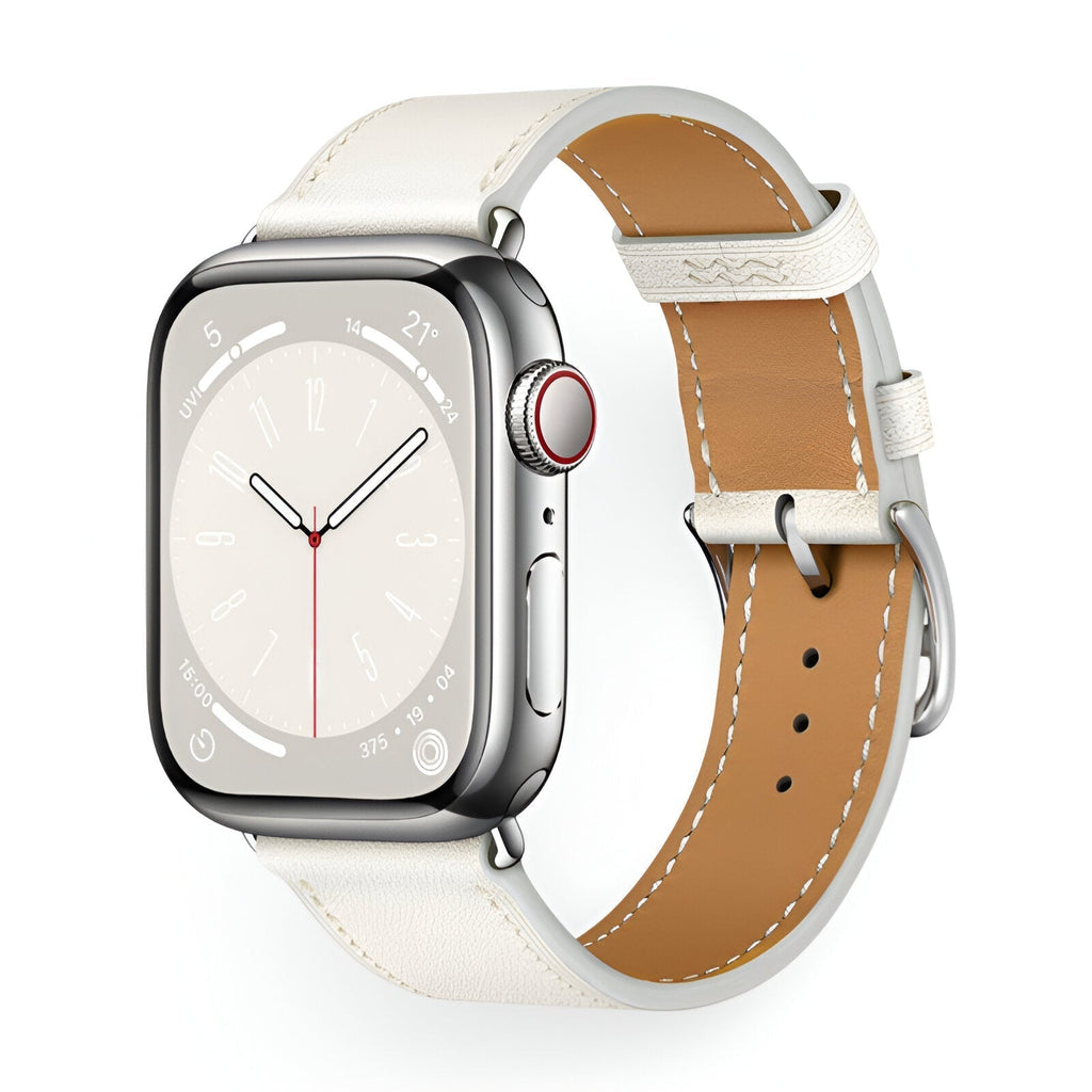 Correa de Apple Watch en piel de becerro afelpada, costuras a contraste, cierre de hebilla, modelo Krynn