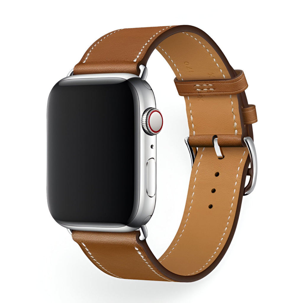 Correa de Apple Watch en piel de becerro afelpada, costuras a contraste, cierre de hebilla, modelo Krynn