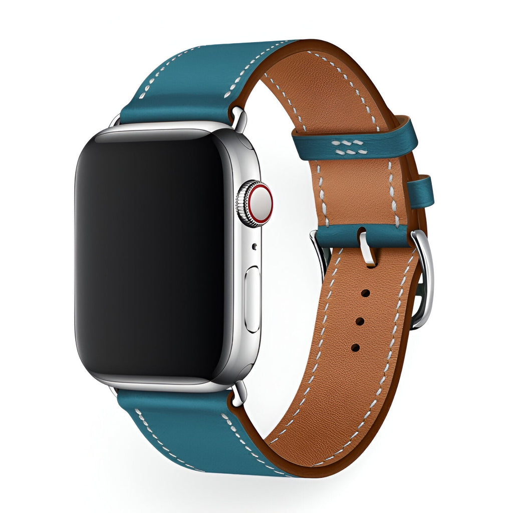 Correa de Apple Watch en piel de becerro afelpada, costuras a contraste, cierre de hebilla, modelo Krynn