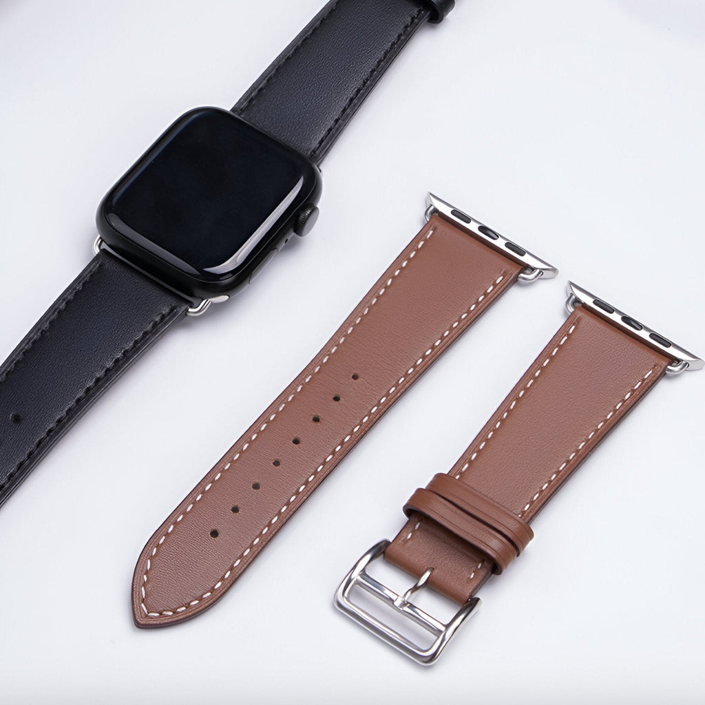 Correa de Apple Watch en piel de becerro afelpada, costuras a contraste, cierre de hebilla, modelo Krynn