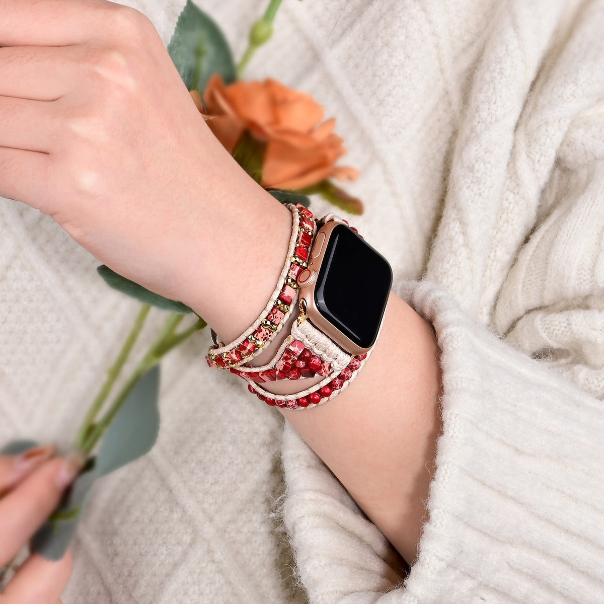Correa Apple Watch de jaspe rojo, para mujer, modelo Finnix