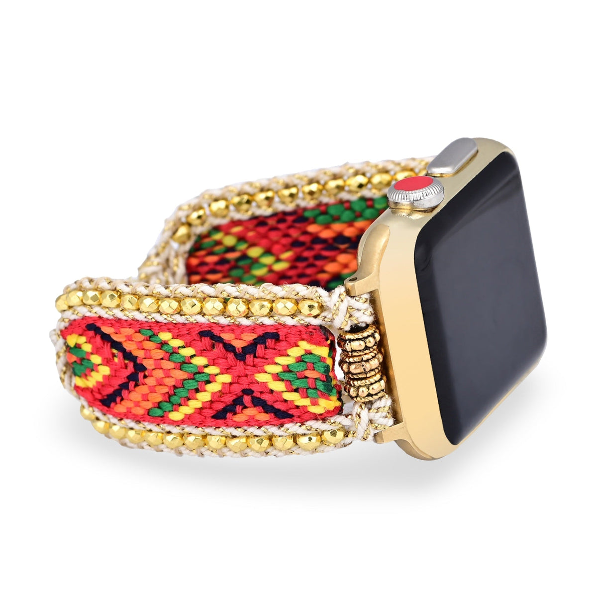 Correa Apple Watch trenzada, motivo étnico multicolor, bordes de cuentas doradas, para mujer, modelo Hadeon