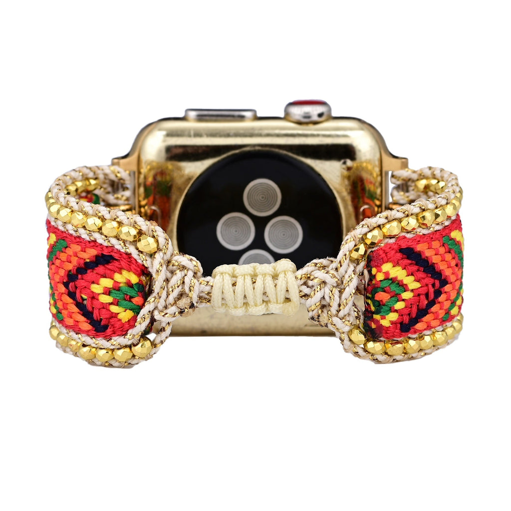 Correa Apple Watch trenzada, motivo étnico multicolor, bordes de cuentas doradas, para mujer, modelo Hadeon
