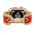 Correa Apple Watch trenzada, motivo étnico multicolor, bordes de cuentas doradas, para mujer, modelo Hadeon