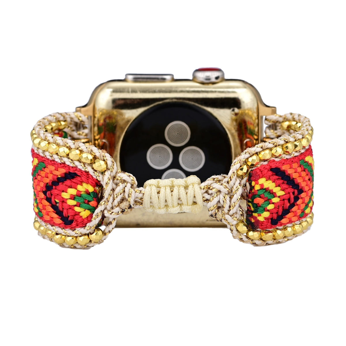 Correa Apple Watch trenzada, motivo étnico multicolor, bordes de cuentas doradas, para mujer, modelo Hadeon