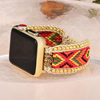 Correa Apple Watch trenzada, motivo étnico multicolor, bordes de cuentas doradas, para mujer, modelo Hadeon