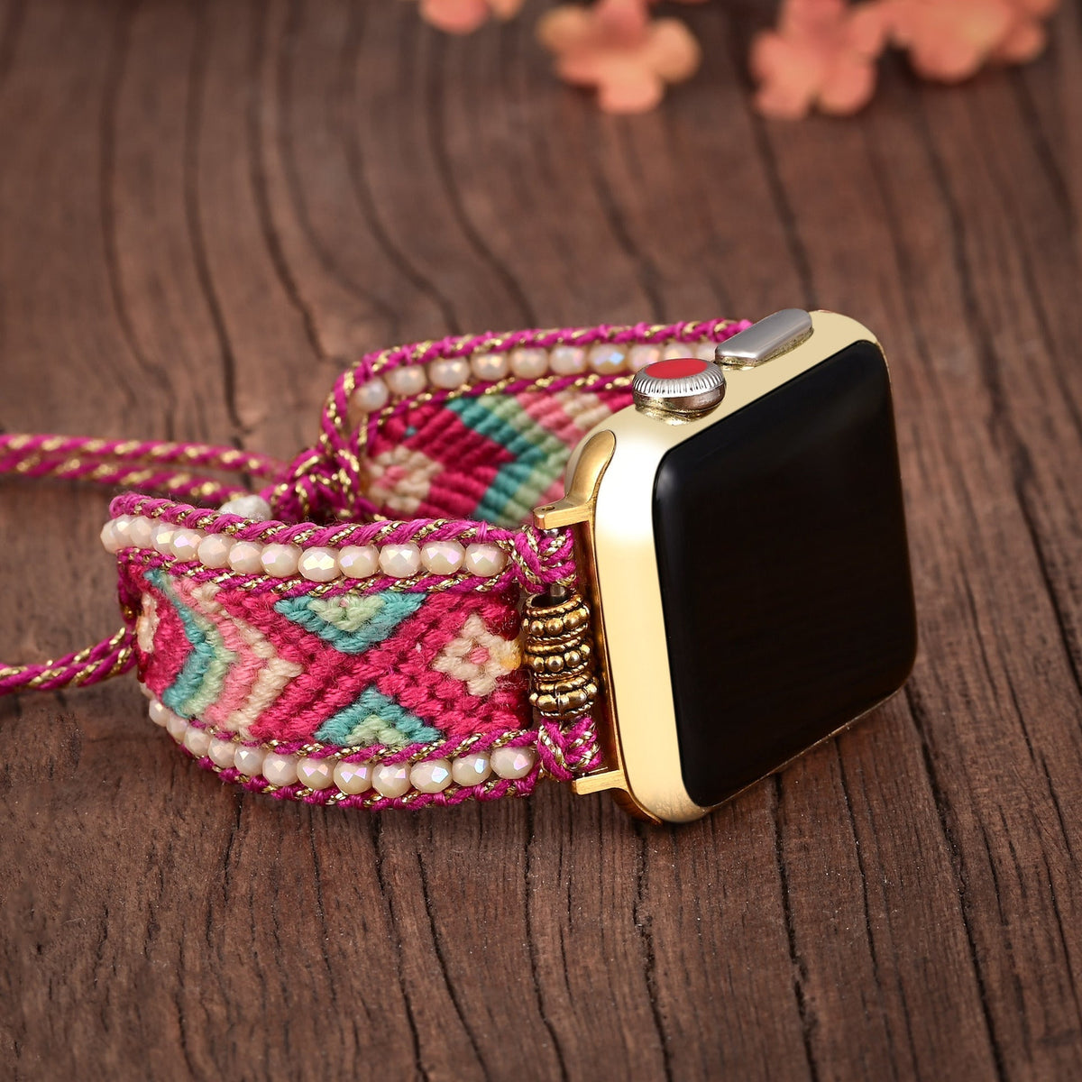 Correa Apple Watch trenzada de nailon, motivos geométricos y perlas, para mujer, modelo Nixie