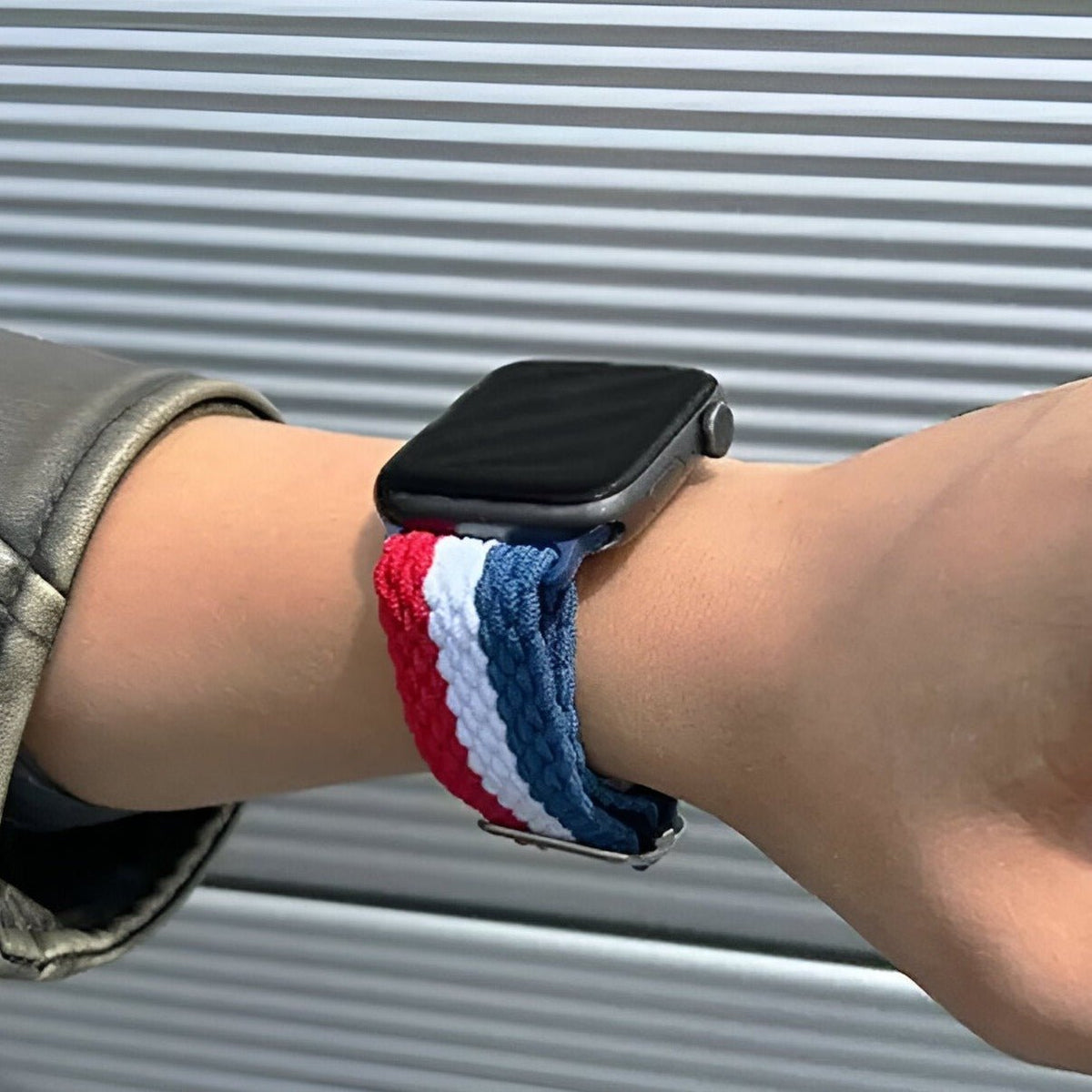 Correa Apple Watch de nailon trenzado, motivo ondulado tricolor, ajustable, modelo Jex