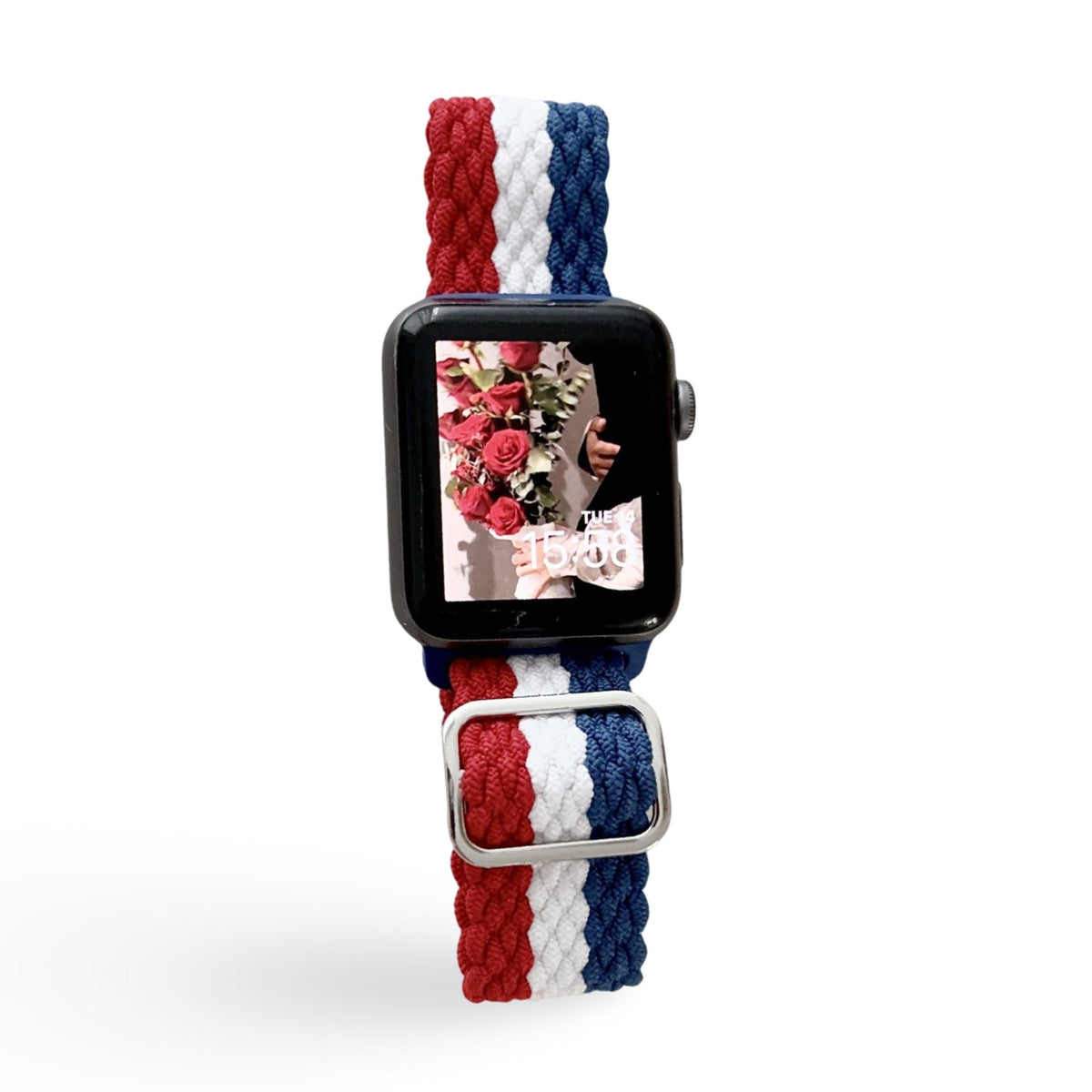 Correa Apple Watch de nailon trenzado, motivo ondulado tricolor, ajustable, modelo Jex