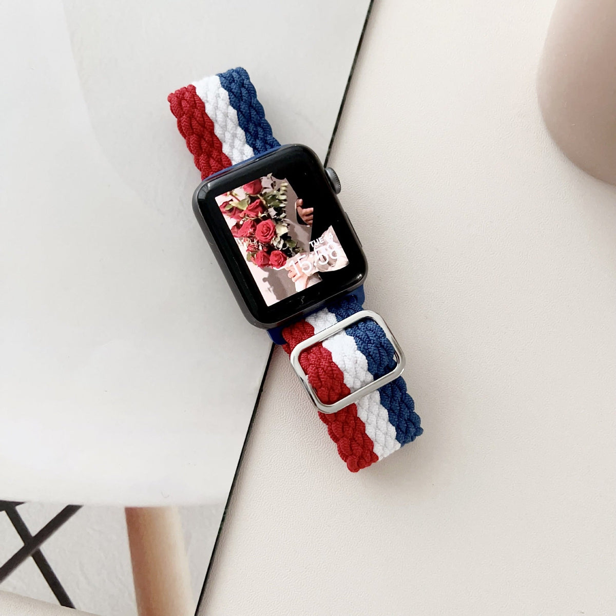 Correa Apple Watch de nailon trenzado, motivo ondulado tricolor, ajustable, modelo Jex