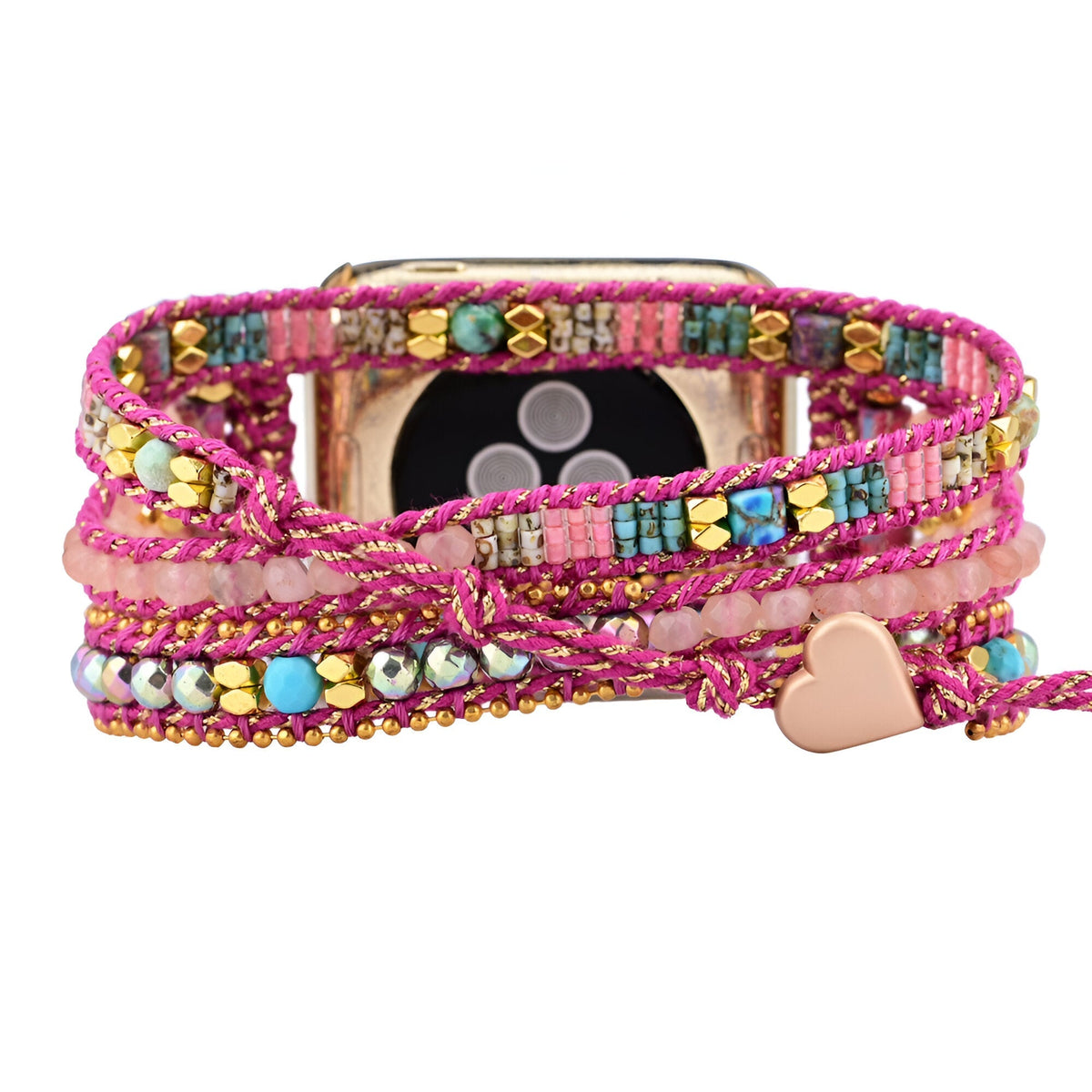 Correa Apple Watch multicapa, perlas de jaspe y cordón trenzado fucsia, para mujer, modelo Vayra