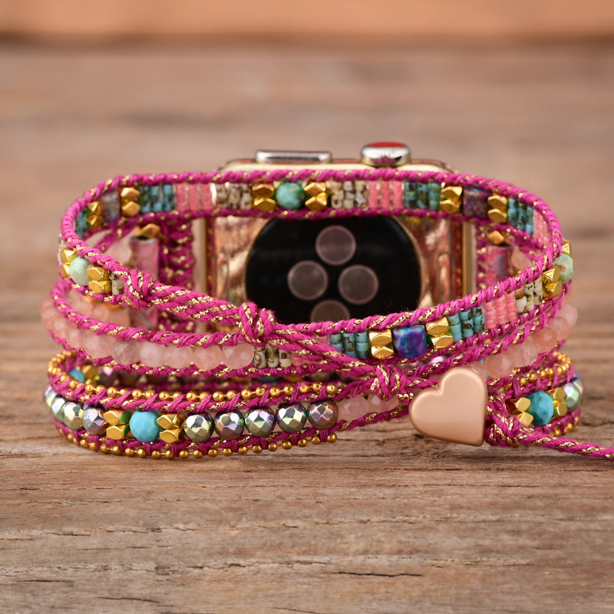Correa Apple Watch multicapa, perlas de jaspe y cordón trenzado fucsia, para mujer, modelo Vayra