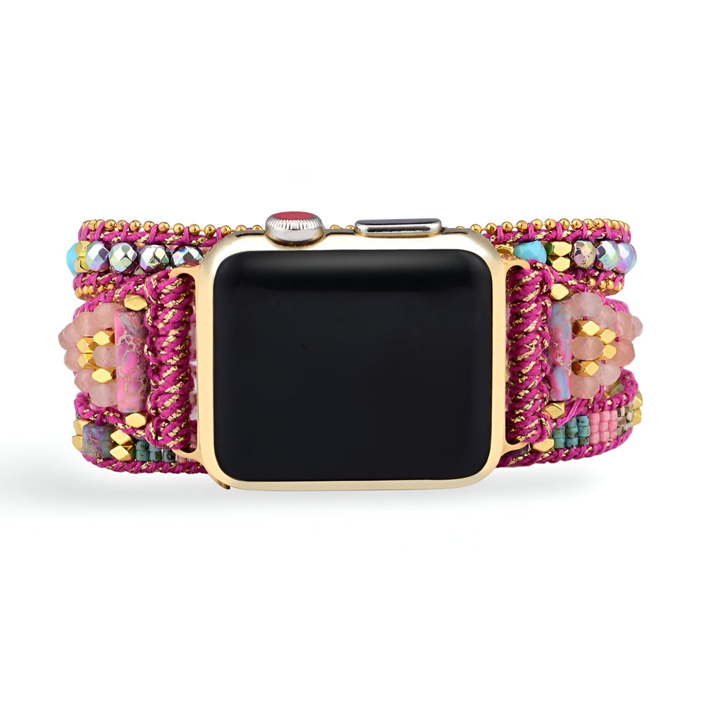 Correa Apple Watch multicapa, perlas de jaspe y cordón trenzado fucsia, para mujer, modelo Vayra