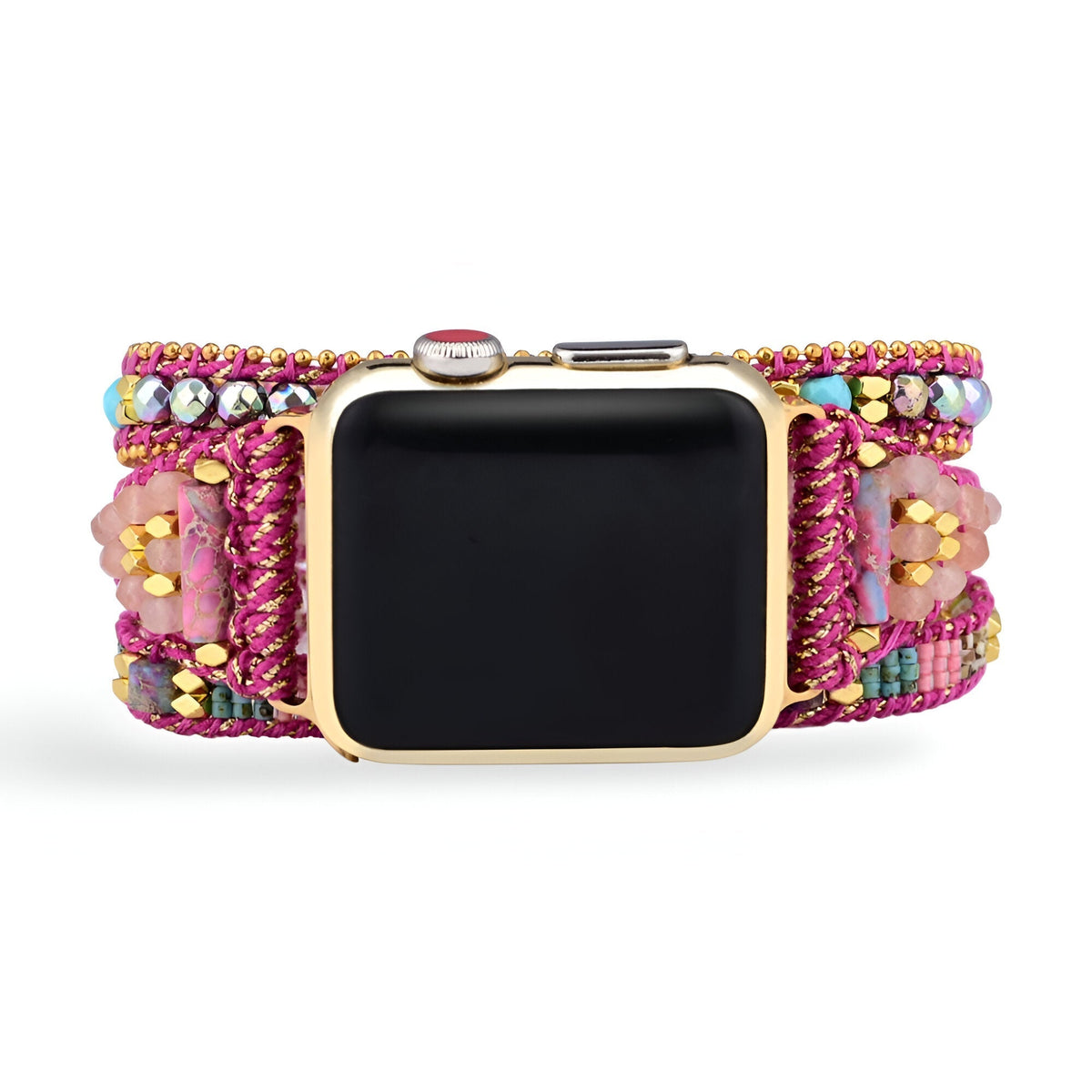 Correa Apple Watch multicapa, perlas de jaspe y cordón trenzado fucsia, para mujer, modelo Vayra