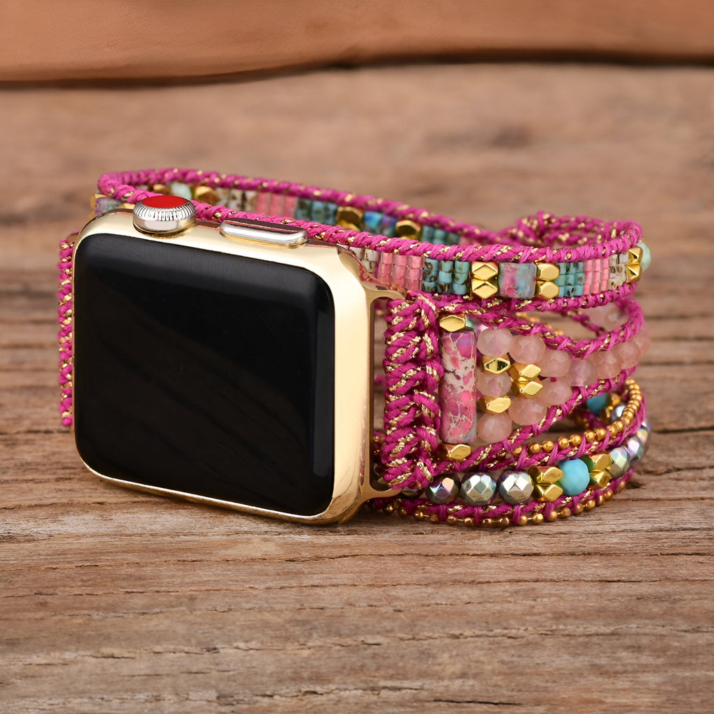 Correa Apple Watch multicapa, perlas de jaspe y cordón trenzado fucsia, para mujer, modelo Vayra