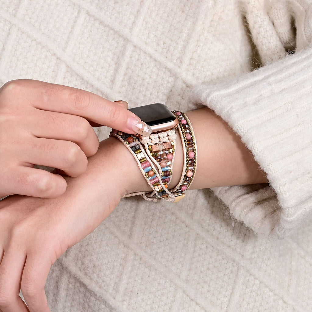 Correa Apple Watch bohemia multicapa, piedras y cristales multicolores, para mujer, modelo Aeron