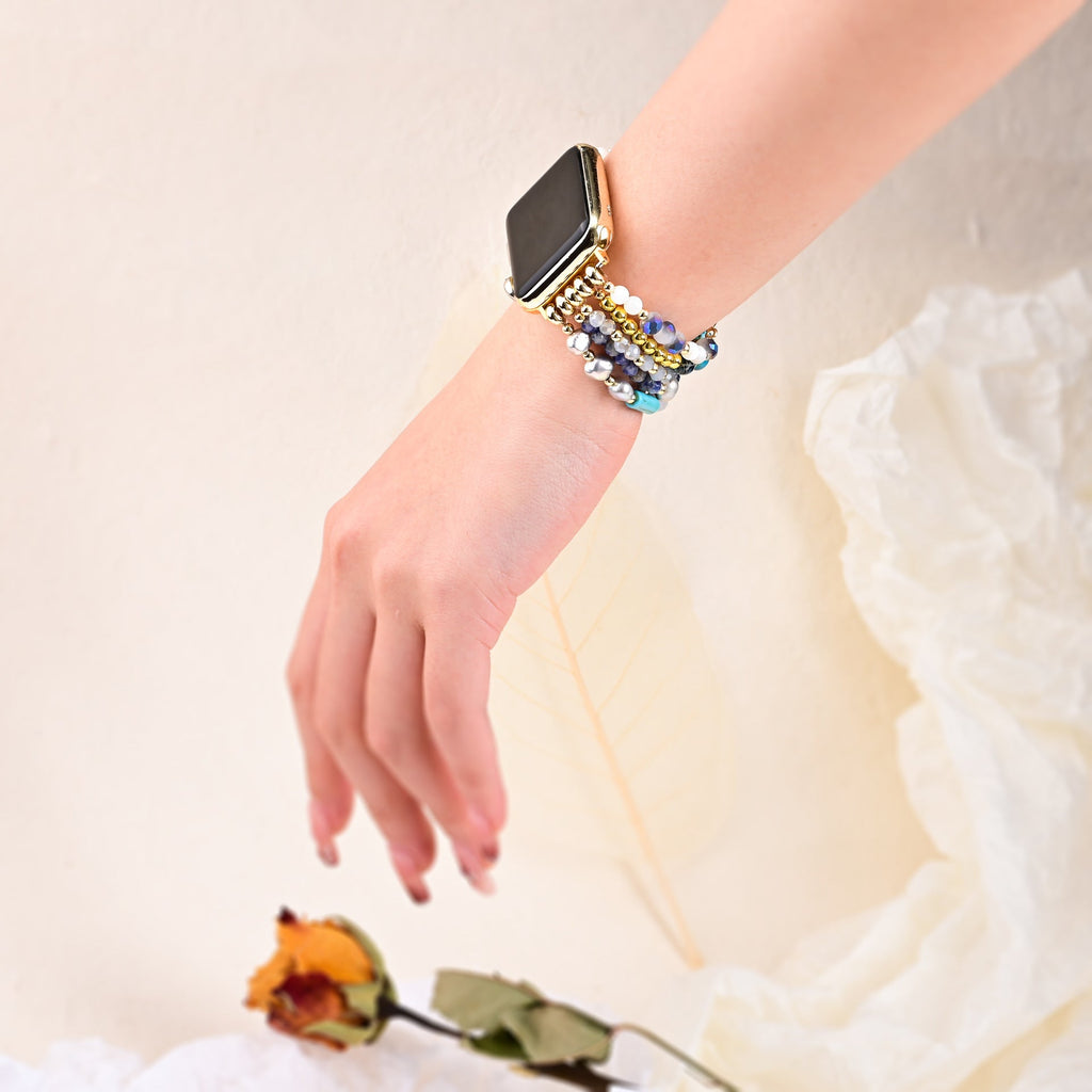 Correa Apple Watch multicapa bohemia, perlas y cristales multicolores, para mujer, modelo Hyra