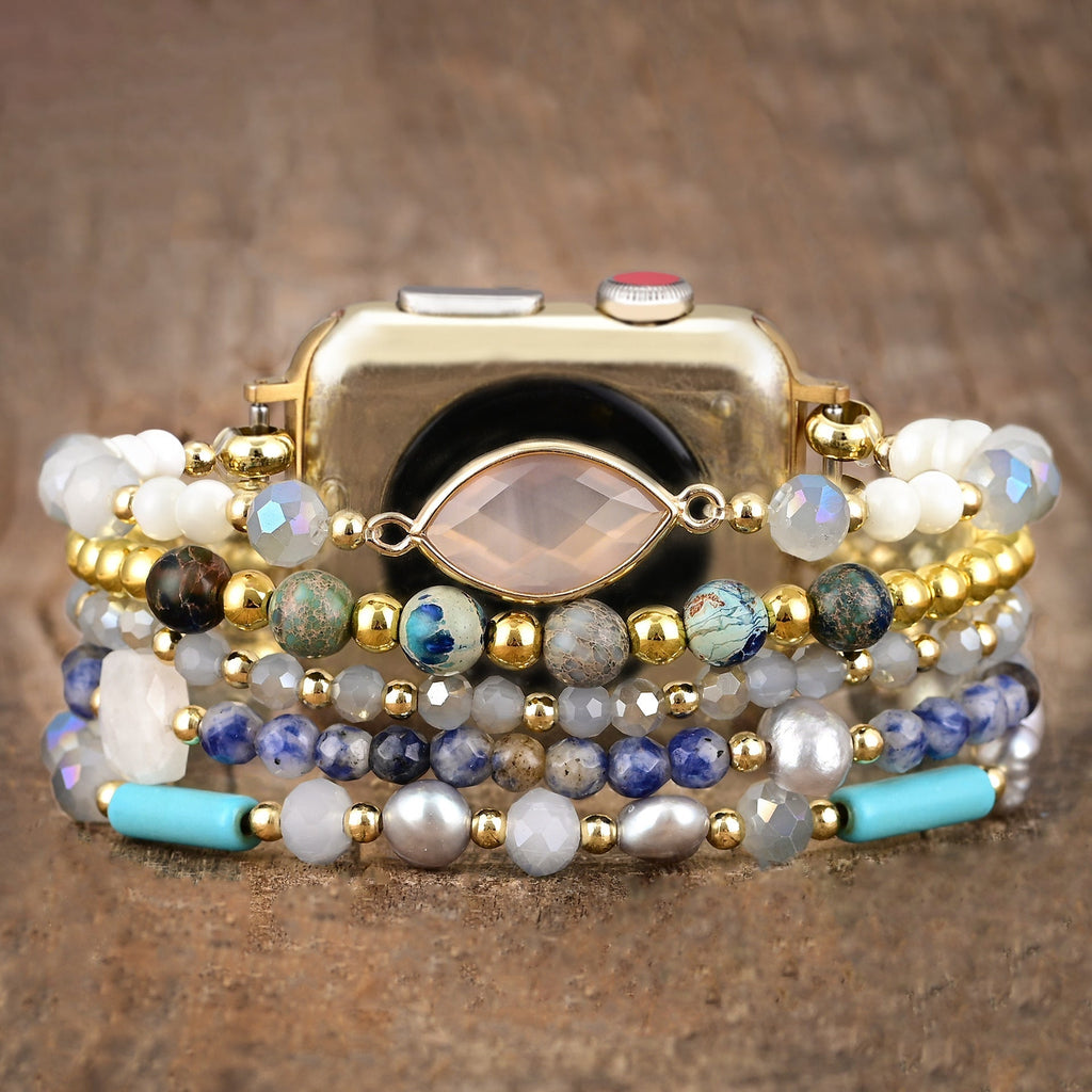 Correa Apple Watch multicapa bohemia, perlas y cristales multicolores, para mujer, modelo Hyra