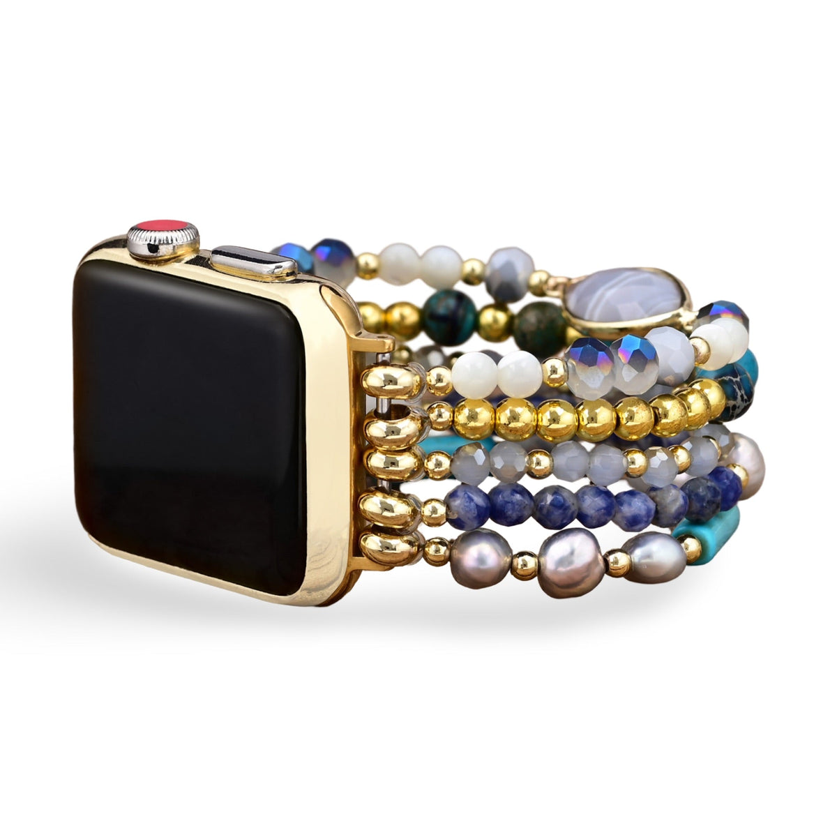 Correa Apple Watch multicapa bohemia, perlas y cristales multicolores, para mujer, modelo Hyra