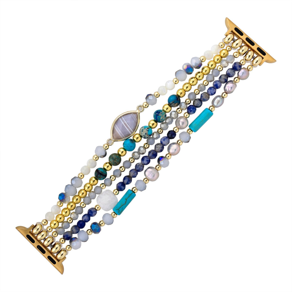 Correa Apple Watch multicapa bohemia, perlas y cristales multicolores, para mujer, modelo Hyra