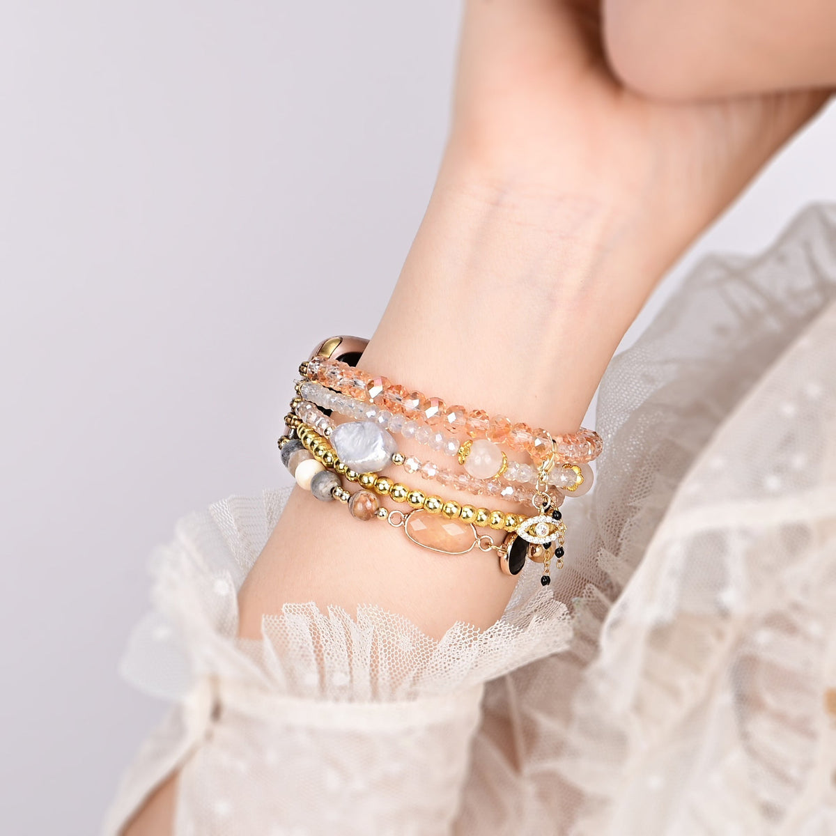 Correa Apple Watch multihilo, cuentas y cristal, dije de ojo, para mujer, modelo Merine