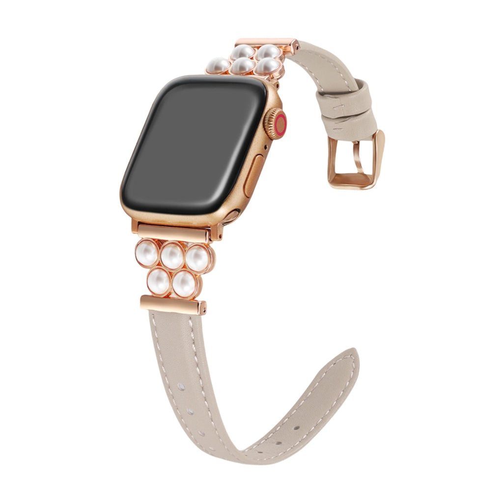 Correa Apple Watch, de piel vegana sintética, adornada con perlas, para mujer, modelo Amira