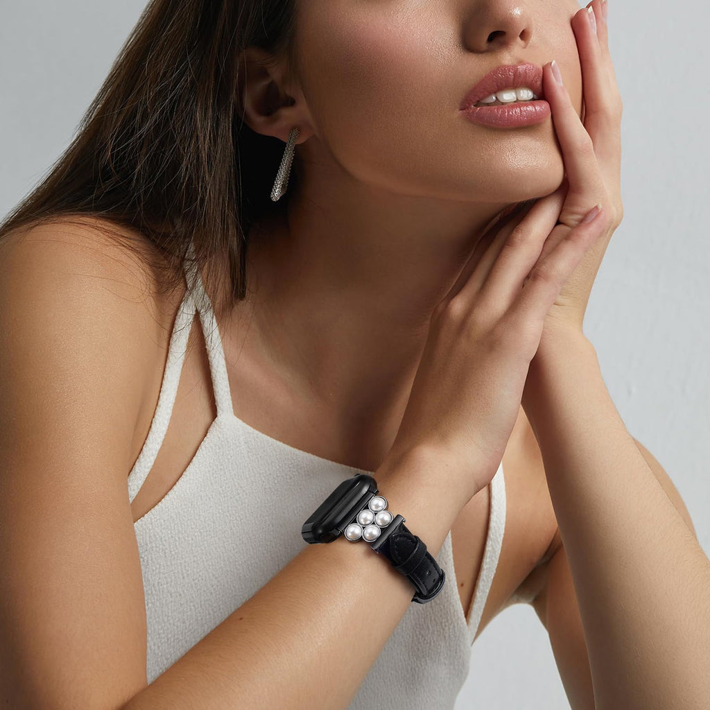 Correa Apple Watch, de piel vegana sintética, adornada con perlas, para mujer, modelo Amira