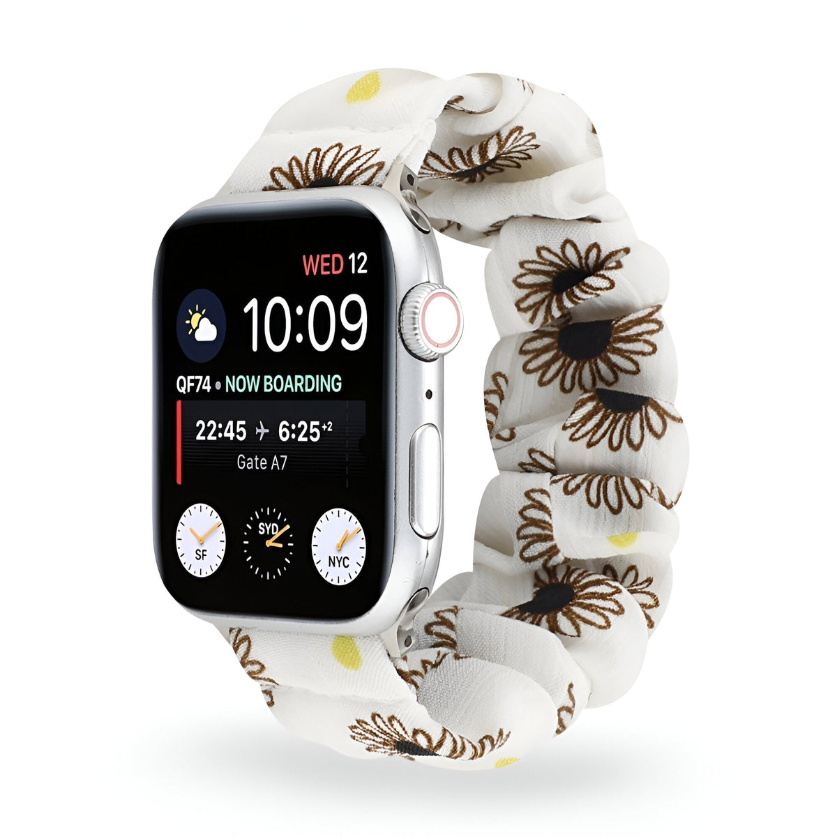 Correa Apple Watch estilo scrunchie, tela elástica con motivos florales, para mujer, modelo Nyssara