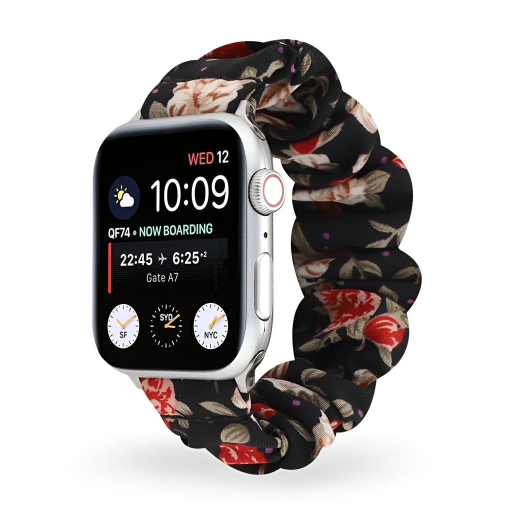 Correa Apple Watch estilo scrunchie, tela elástica con motivos florales, para mujer, modelo Nyssara