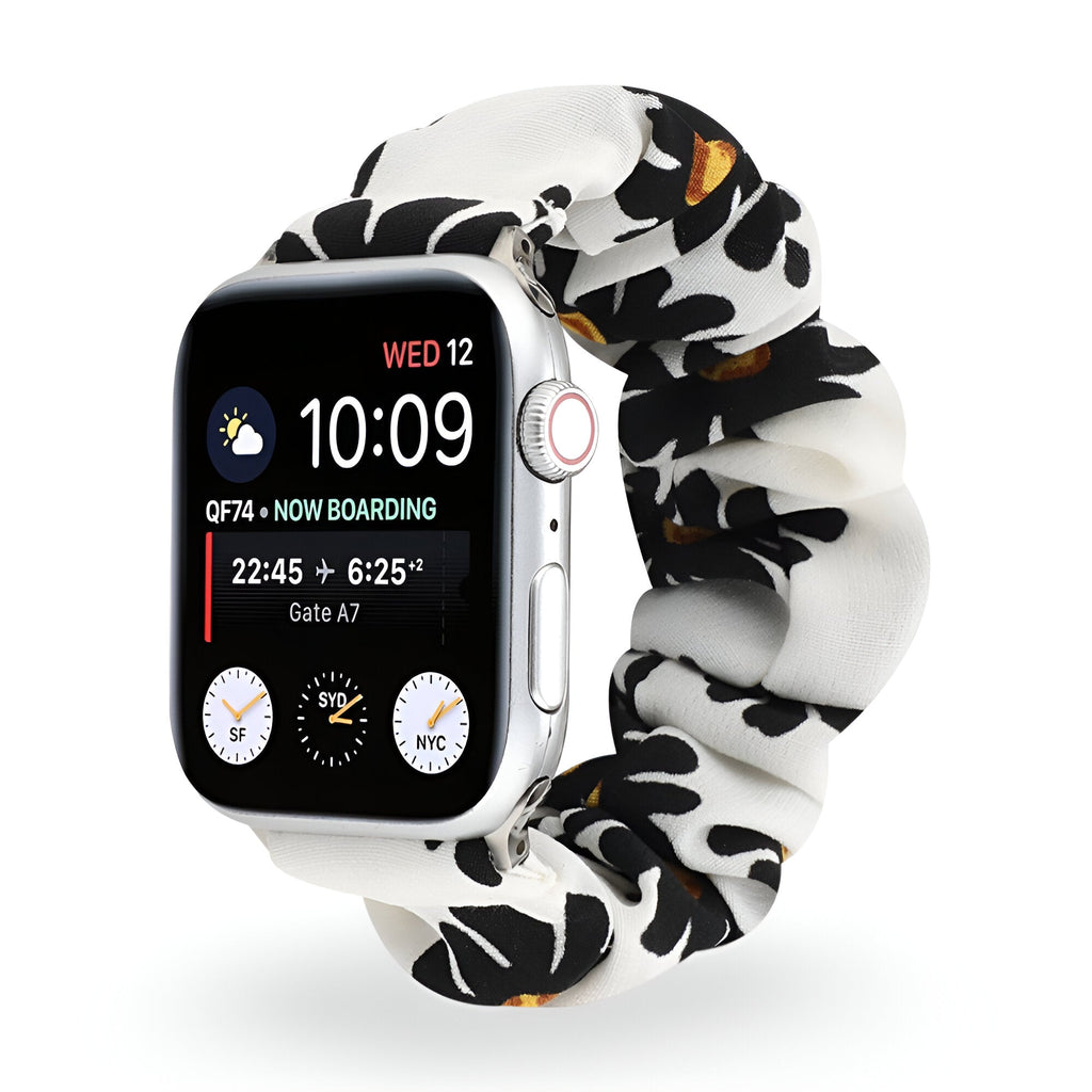 Correa Apple Watch estilo scrunchie, tela elástica con motivos florales, para mujer, modelo Nyssara