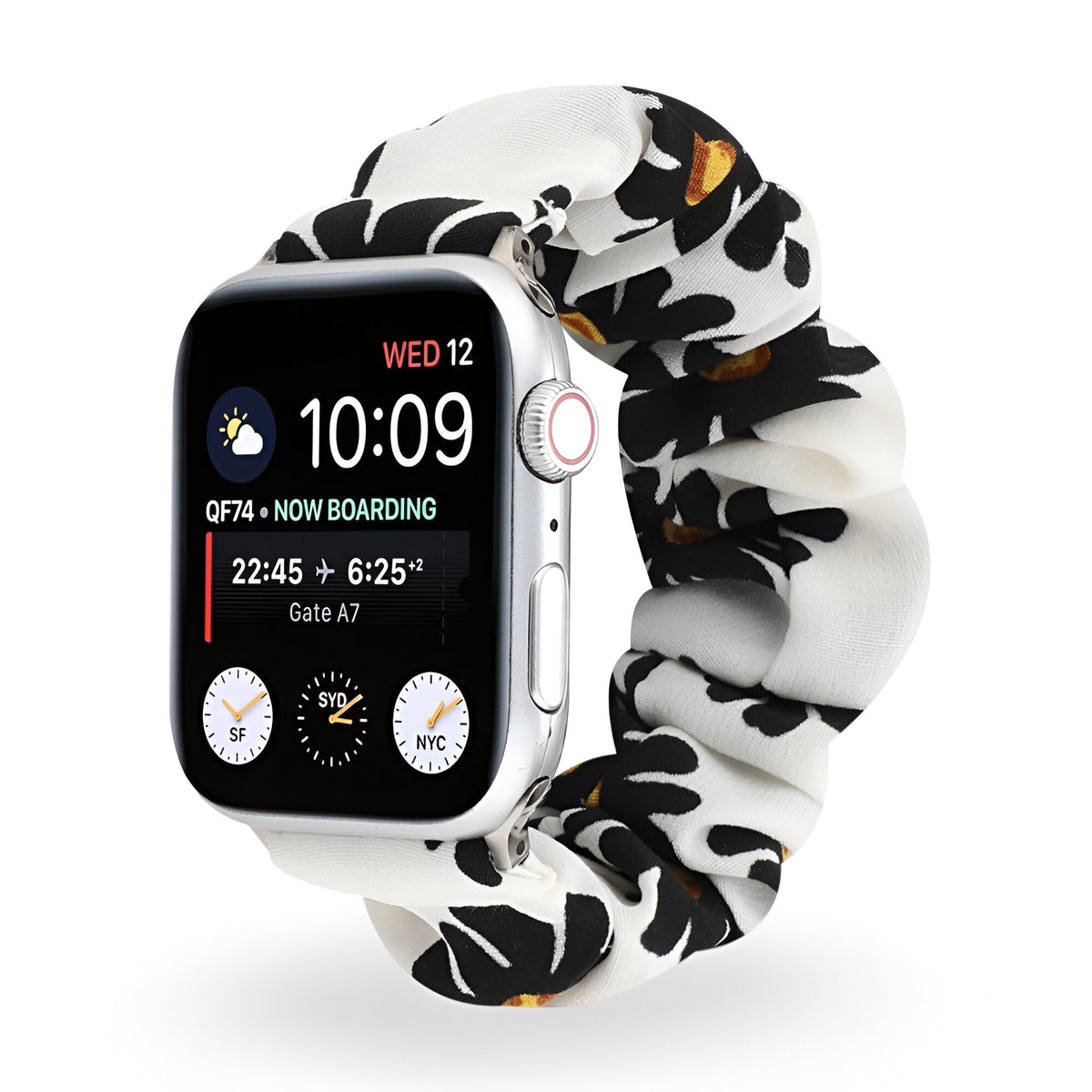 Correa Apple Watch estilo scrunchie, tela elástica con motivos florales, para mujer, modelo Nyssara