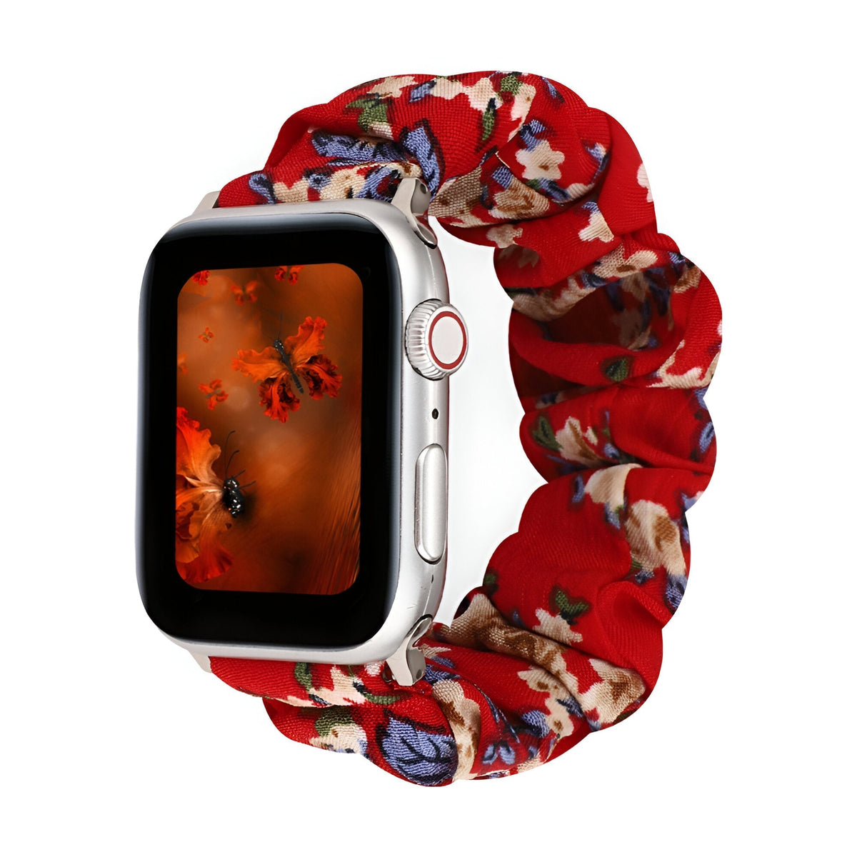 Correa Apple Watch estilo scrunchie, tela elástica con motivos florales, para mujer, modelo Nyssara