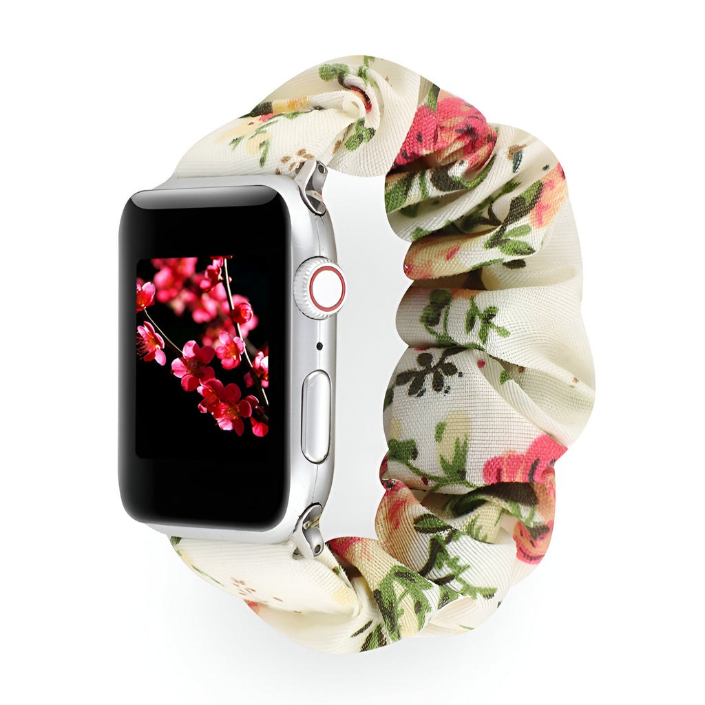 Correa Apple Watch estilo scrunchie, tela elástica con motivos florales, para mujer, modelo Nyssara