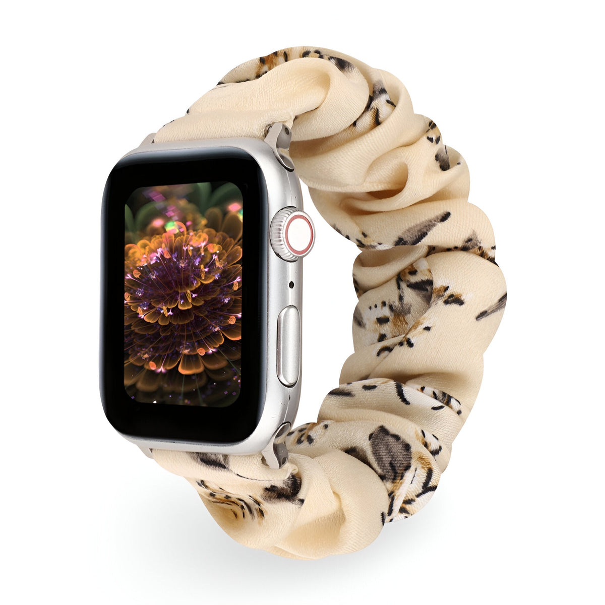 Correa Apple Watch estilo scrunchie, tela elástica con motivos florales, para mujer, modelo Nyssara