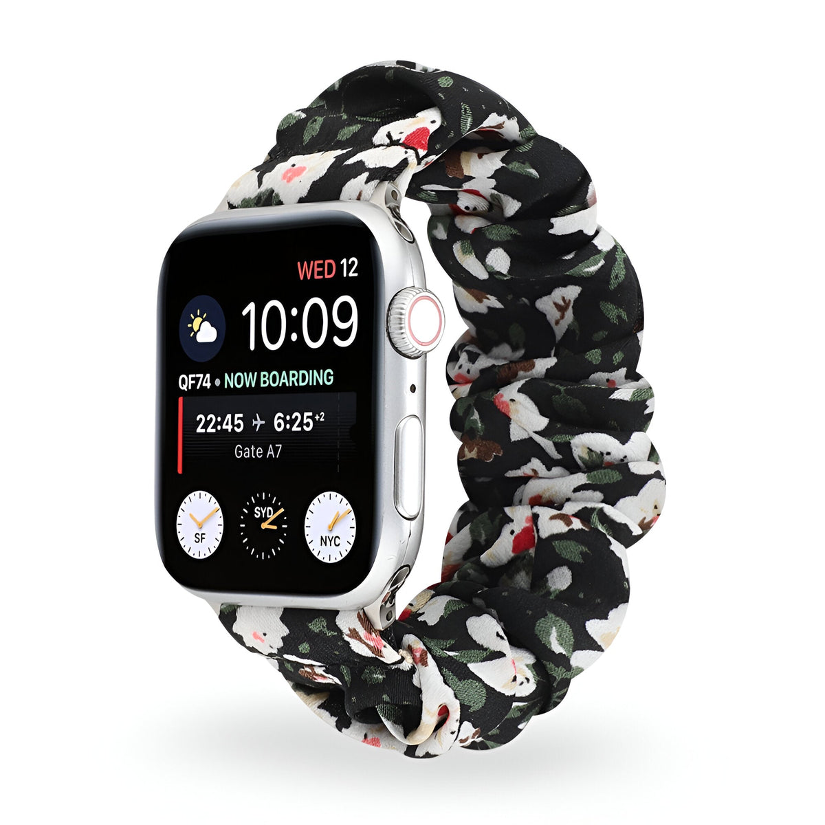 Correa Apple Watch estilo scrunchie, tela elástica con motivos florales, para mujer, modelo Nyssara