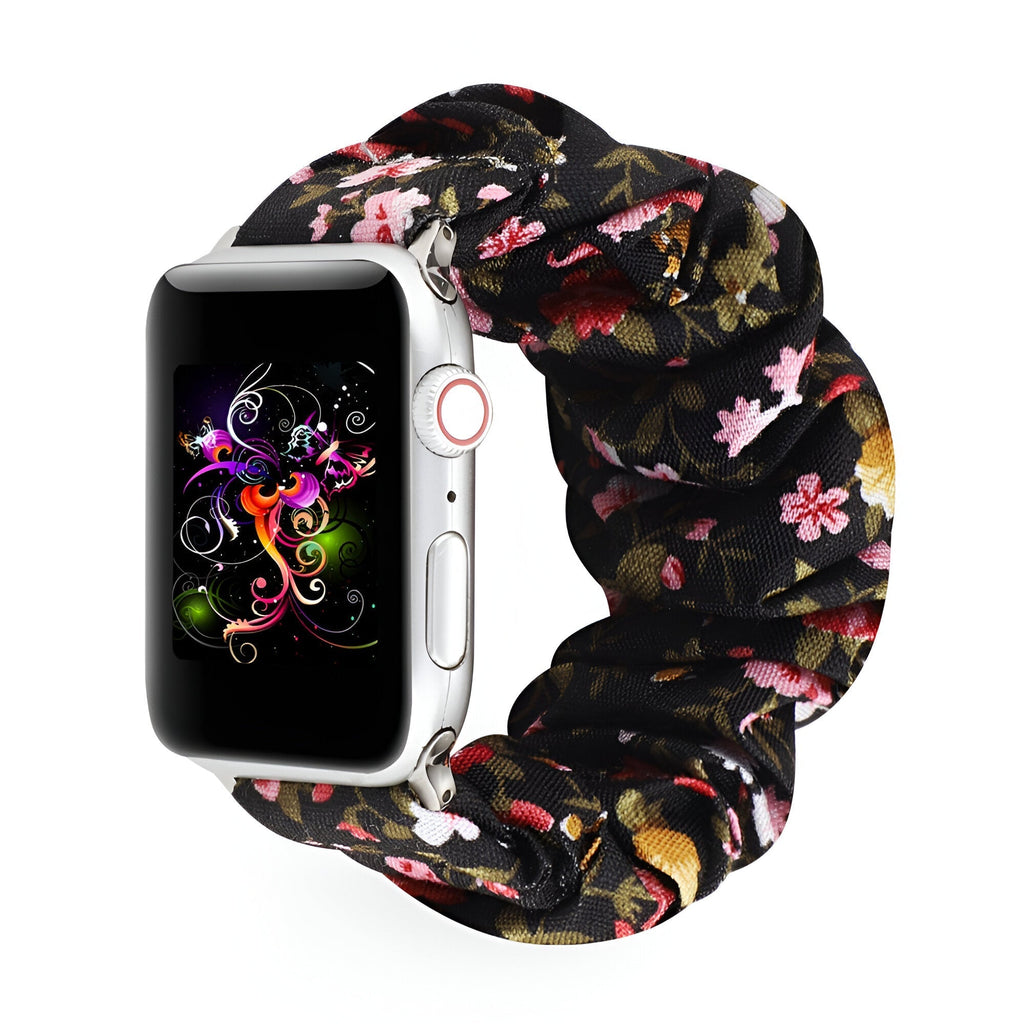 Correa Apple Watch estilo scrunchie, tela elástica con motivos florales, para mujer, modelo Nyssara